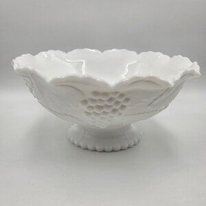 Smith Glass Grapes & Leaves Milk Glass Footed Bowl Crimped Edge Vintage USA